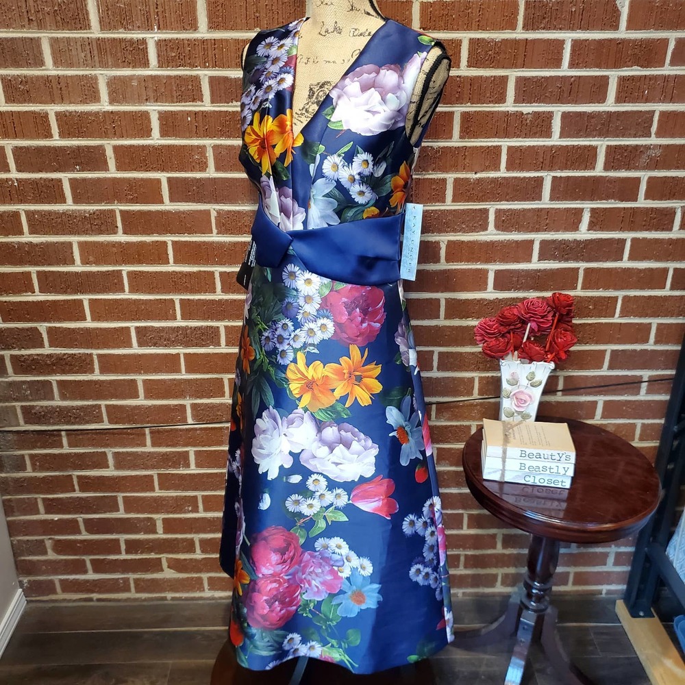 Kay Unger Navy Floral Satin Midi Dress with Multicolor Blooms